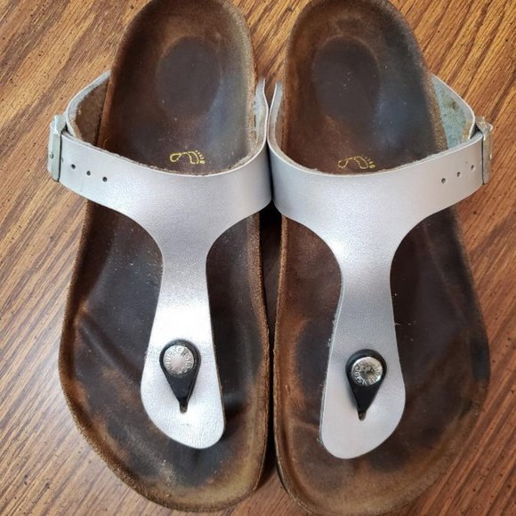Birkenstock Shoes - Birkenstock Silver T-Strap Sandals